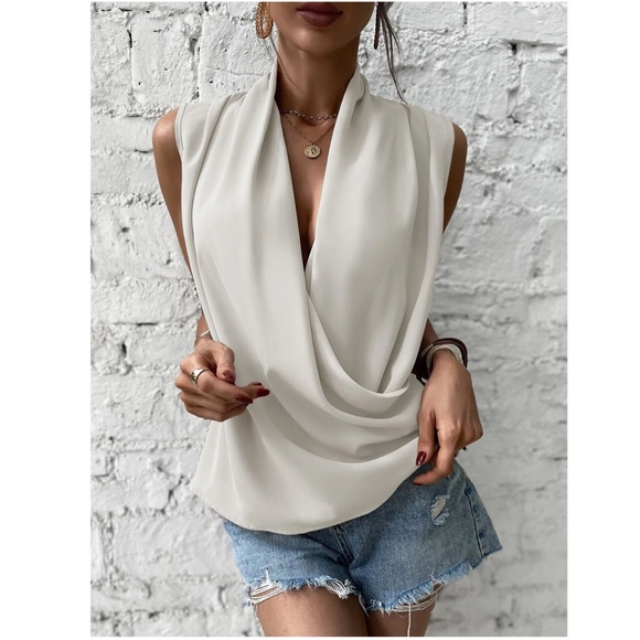 Draped Sleeveless Surplice V-Neck Blouse Top White - Picture 4 of 8